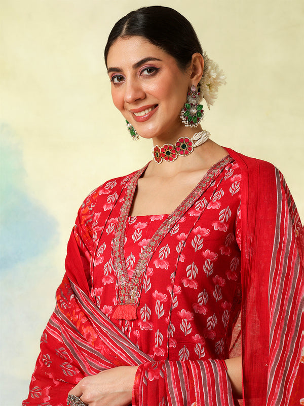 Black Pure Cotton Printed Embroidered Semi-Flared Kurta Suit Set