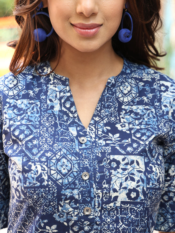 Blue Rayon Calf Length Printed Straight Mandarin Neck Kurta