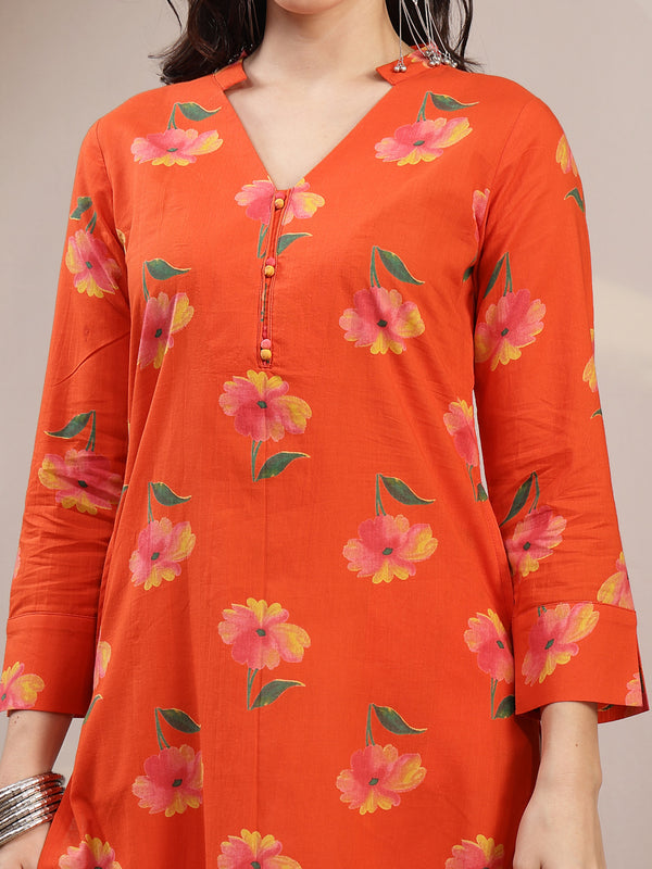 Gulmohar Jaipur Cotton Calf Length Printed 3/4 Sleeve V-Neck Straight Kurta