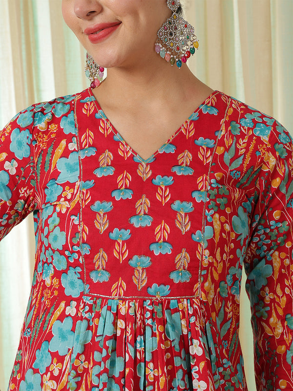 Pink Cotton Calf Length Printed V-Neck Semi-Flared Kurta Palazzo Set