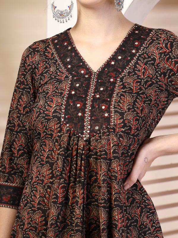 Black Cotton Calf Length Printed V-Neck Anarkali Kurta Suit Set