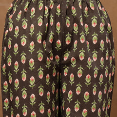 Cotton Calf Length Printed 3/4 Sleeves V-Neck Flared Kurta Suit Set