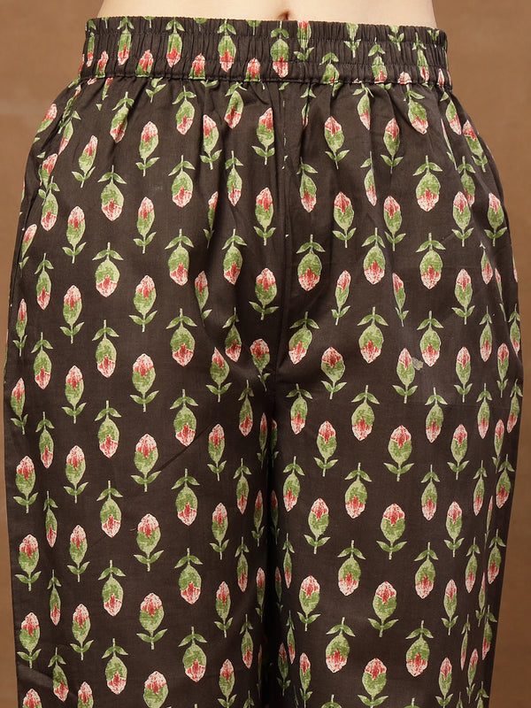 Cotton Calf Length Printed 3/4 Sleeves V-Neck Flared Kurta Suit Set