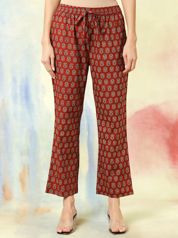 Maroon Cotton Calf Length Printed Flared V-Neck Kurta Suit Set