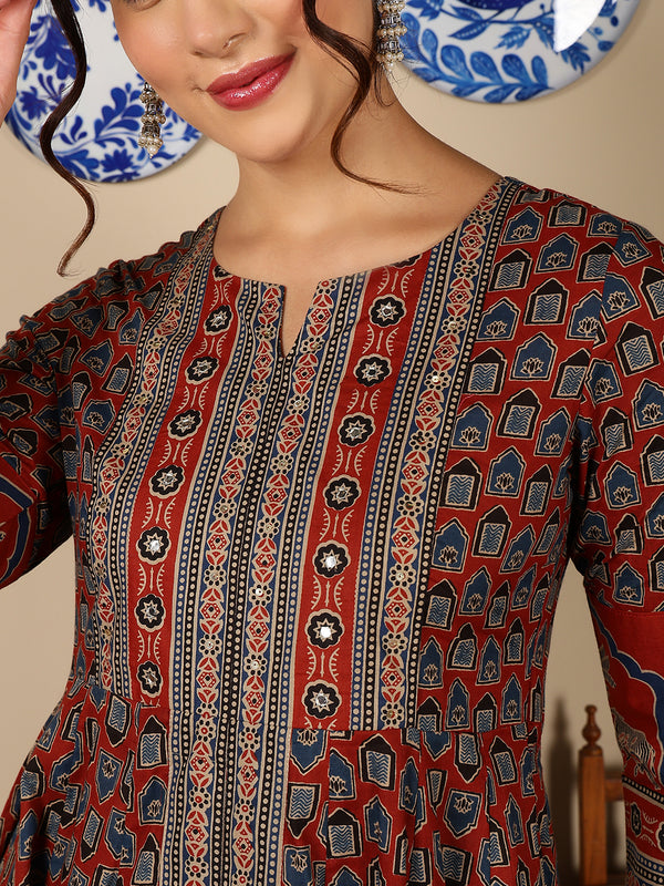 Maroon Cotton Calf Length Printed Round Neck Anarkali Kurta Suit Set