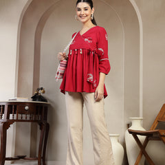 Gulmohar Jaipur Rayon Hip Length Printed 3/4 Sleeves V-Neck Flared Top