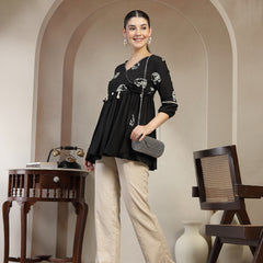 Gulmohar Jaipur Rayon Hip Length Printed 3/4 Sleeves V-Neck Flared Top