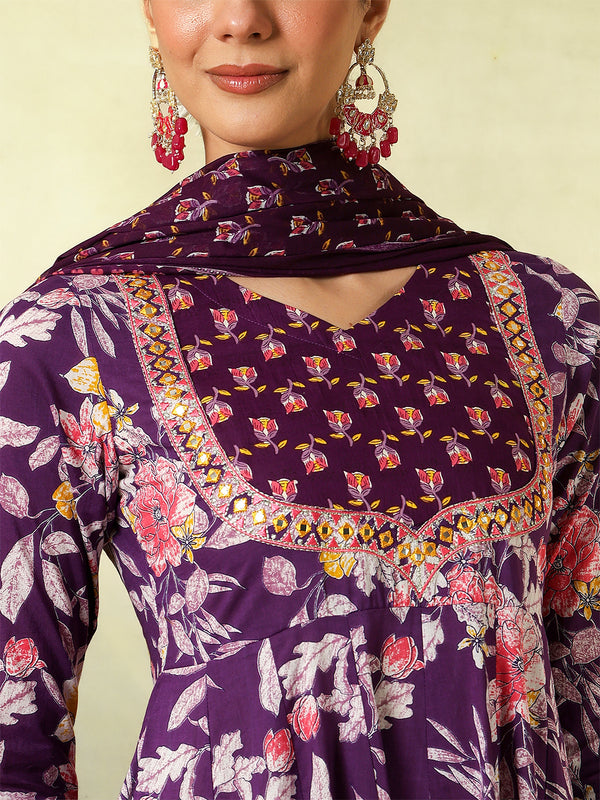 Black Pure Cotton Printed Embroidered Anarkali Kurta Suit Set