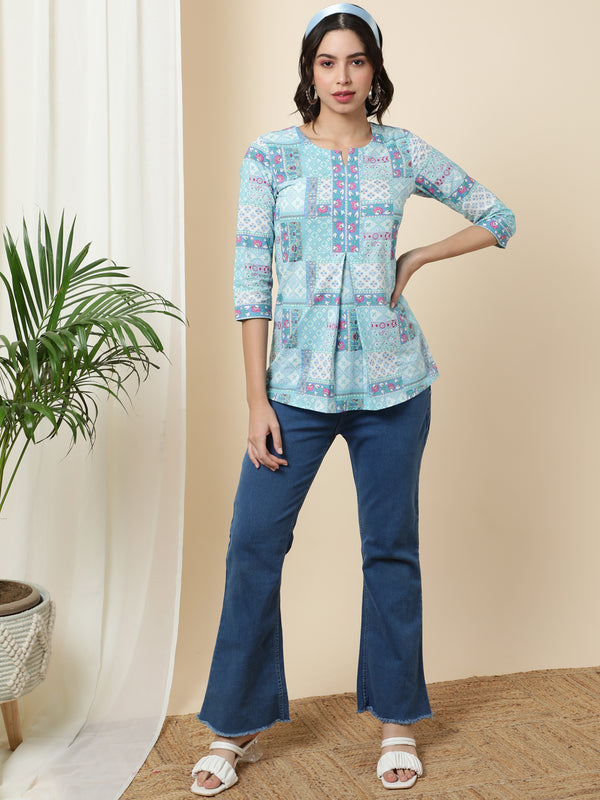 Cotton Short Length Length Printed Regular 3/4 Sleeves Round Top