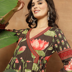 Cotton Ankle Length Printed 3/4 Sleeves V-Neck Flared Kurta
