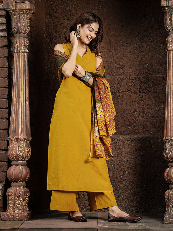Gulmohar Jaipur Rayon Calf Length Solid Sleeveless V-Neck Straight Kurta Suit Set