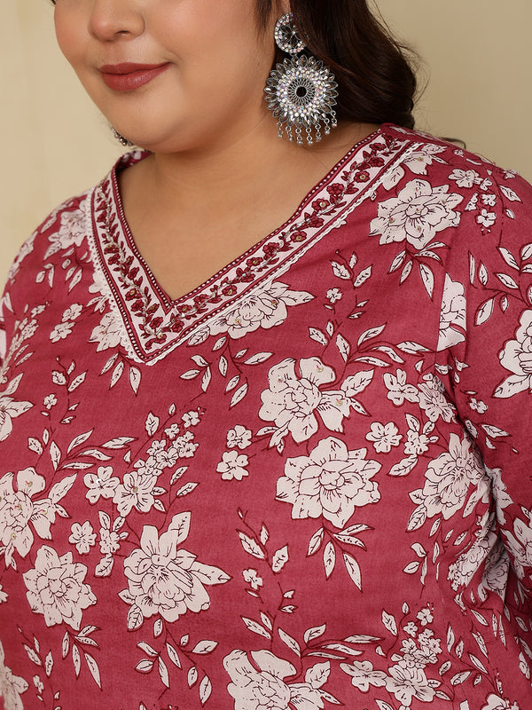 Cotton  Calf Length Printed Straight 3/4 Sleeves V-Neck Kurta