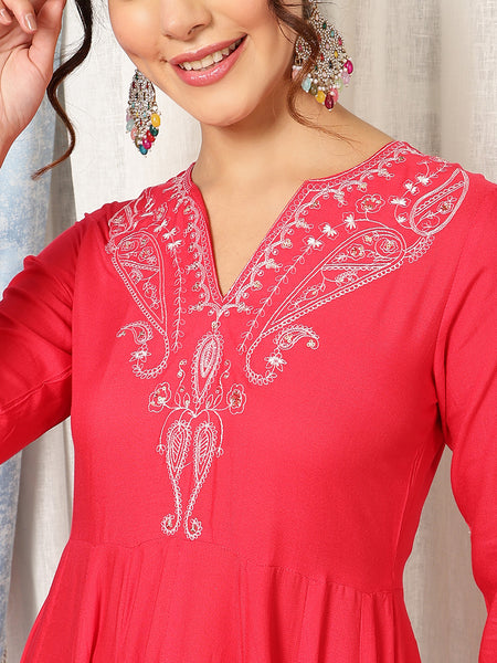Coral Rayon Calf Length Solid V-Neck Anarkali Kurta Suit Set