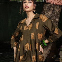 Gulmohar Jaipur Cotton Calf Length Printed Full Sleeve Shirt Collar Flared Dress