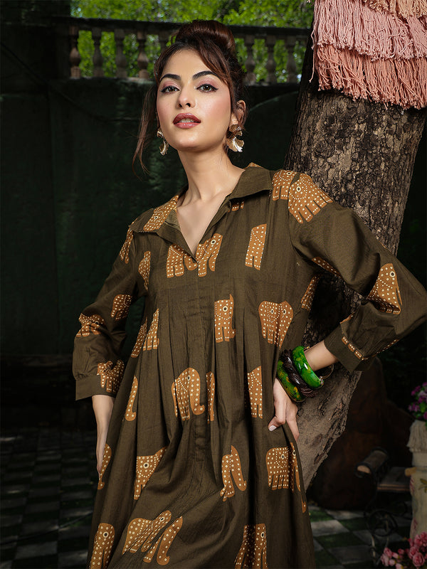 Gulmohar Jaipur Cotton Calf Length Printed Full Sleeve Shirt Collar Flared Dress