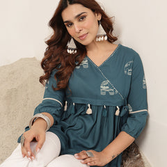 Rayon Hip Length Printed 3/4 Sleeve V-Neck Flared Top