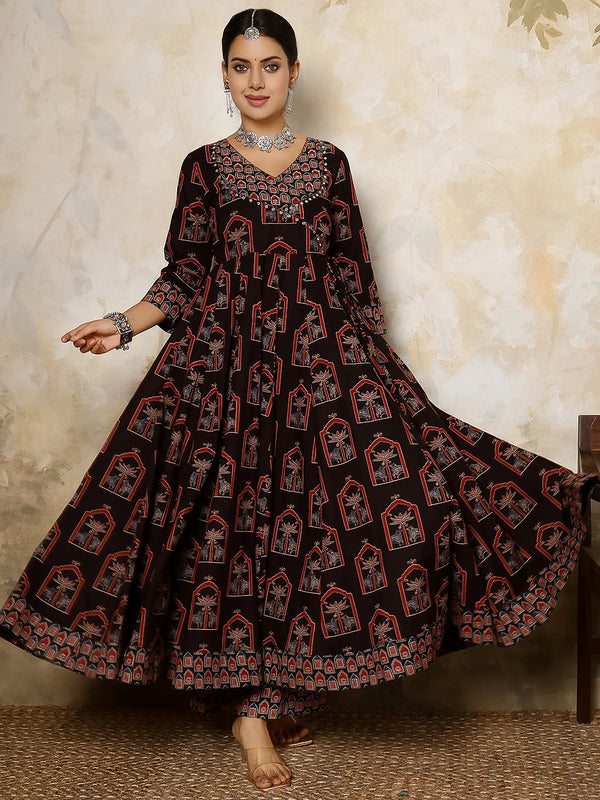 Cotton Calf Length Printed V-Neck Anarkali Kurta Suit Set