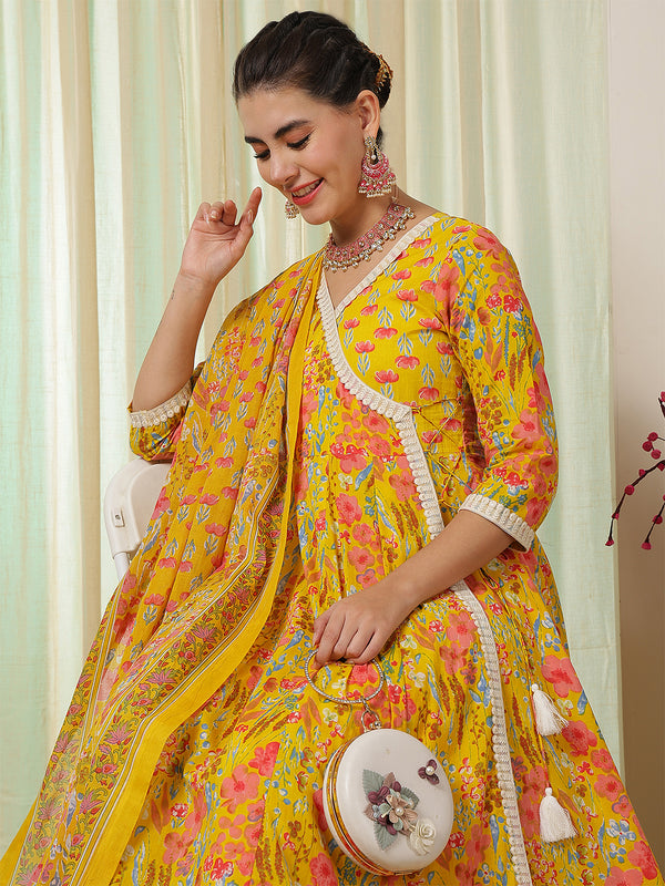 Blue Cotton Calf Length Printed Anarkali V-Neck Kurta Suit Set