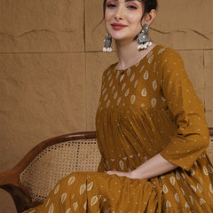 Cotton Calf Length Printed 3/4 Sleeves Key Hole Neck Flared Kurta