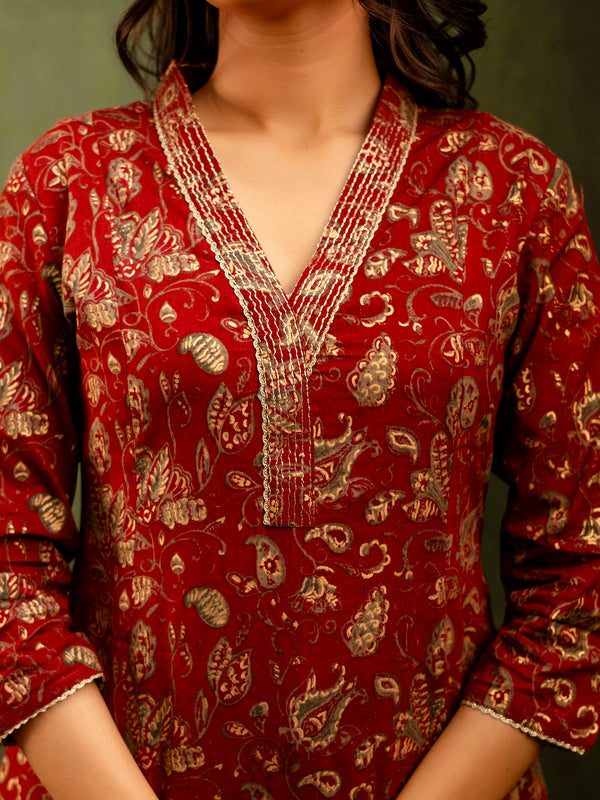 Maroon Cotton Calf Length Printed A-Line V-Neck Kurta Palazzo Set