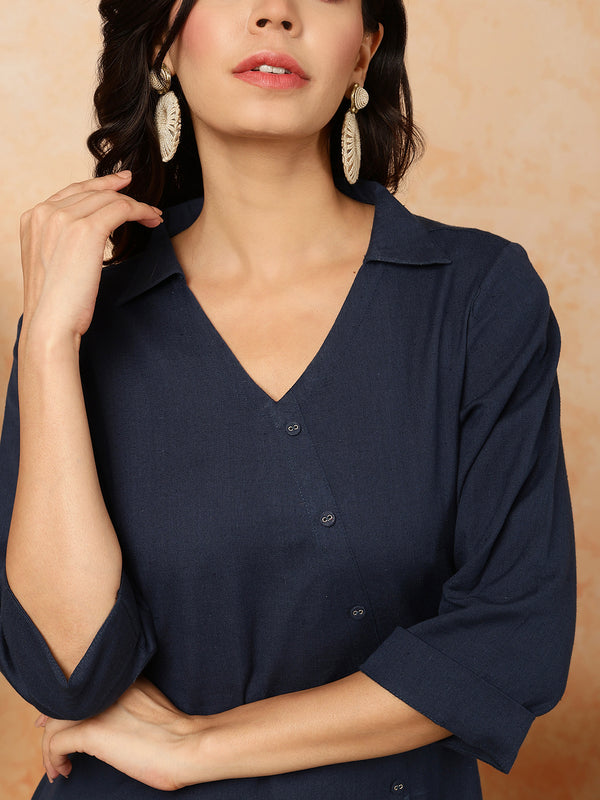 Navy Cotton Flex Short/Hip Length Solid Shirt Coller Asymmetrical Top
