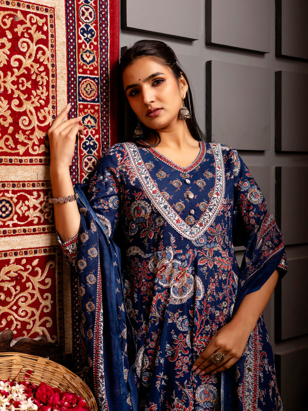 Blue Cotton Calf Length Printed Flared V-Neck Kurta Suit Set