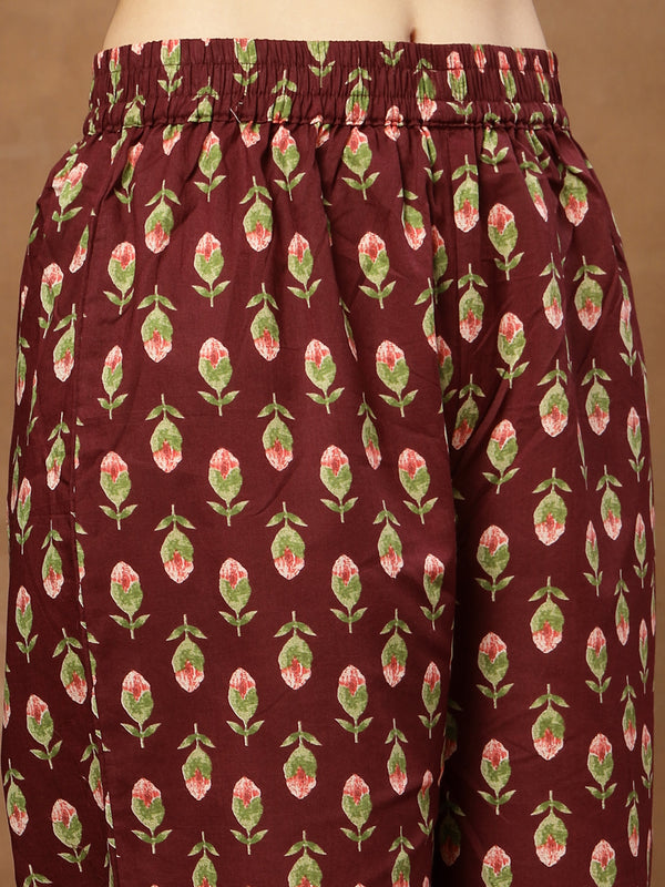 Cotton Calf Length Printed 3/4 Sleeves V-Neck Flared Kurta Suit Set