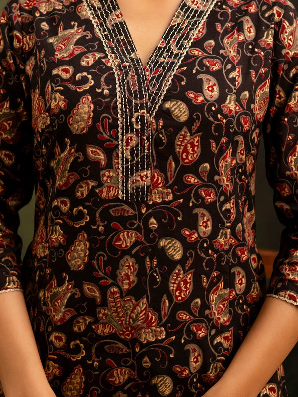Black Cotton Calf Length Printed A-Line V-Neck Kurta Palazzo Set