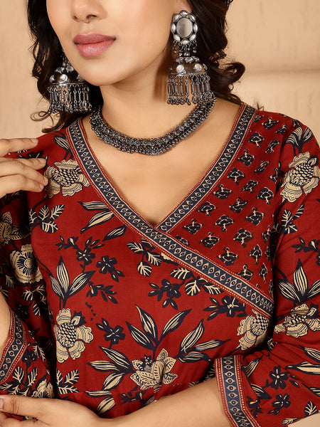 Maroon Rayon Ankle Length Printed V-Neck Flared Gown