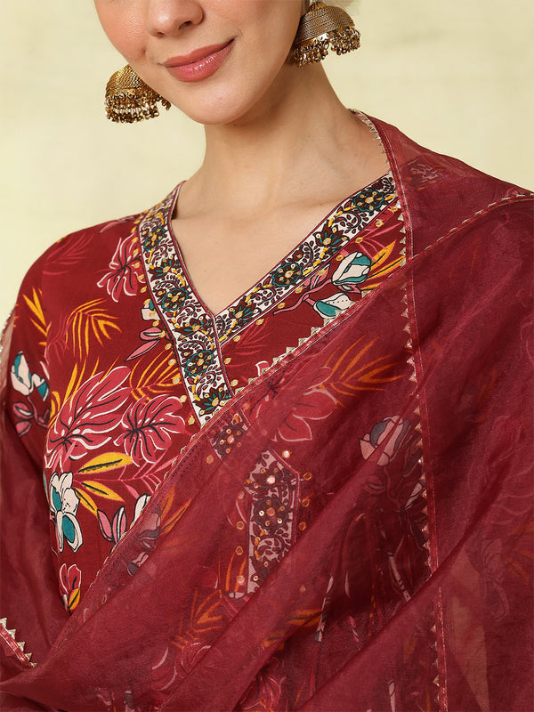 Black Pure Cotton Printed hand-Work Anarkali Kurta Suit Set
