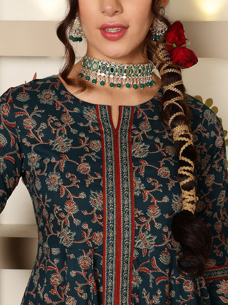 Teal Cotton Calf Length Printed Round Anarkali Neck Kurta Suit Set