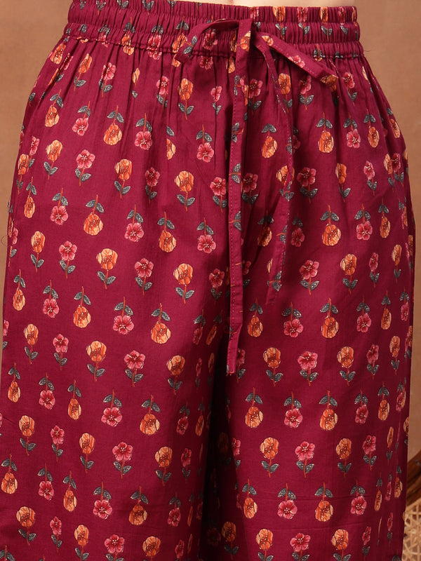 Cotton Calf Length Printed 3/4 Sleeves V-Neck Flared Kurta Suit Set