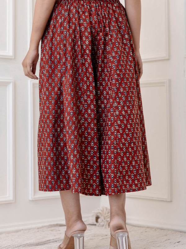 Maroon Cotton Calf Length Printed Flared Palazzo