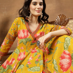 Cotton Ankle Length Printed 3/4 Sleeves V-Neck Flared Kurta
