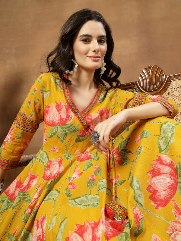 Cotton Ankle Length Printed 3/4 Sleeves V-Neck Flared Kurta