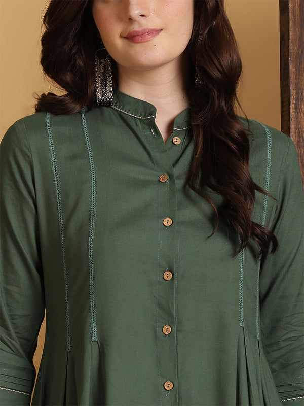 Rayon Calf Length Solid A-Line 3/4 Sleeves Mandarin Neck Kurta