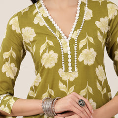 Gulmohar Jaipur Cotton Calf Length Printed 3/4 Sleeves V-Neck Anarkali Kurta Suit Set