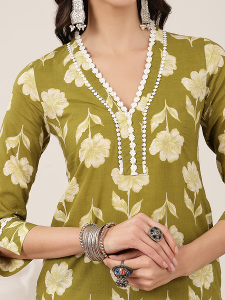 Gulmohar Jaipur Cotton Calf Length Printed 3/4 Sleeves V-Neck Anarkali Kurta Suit Set