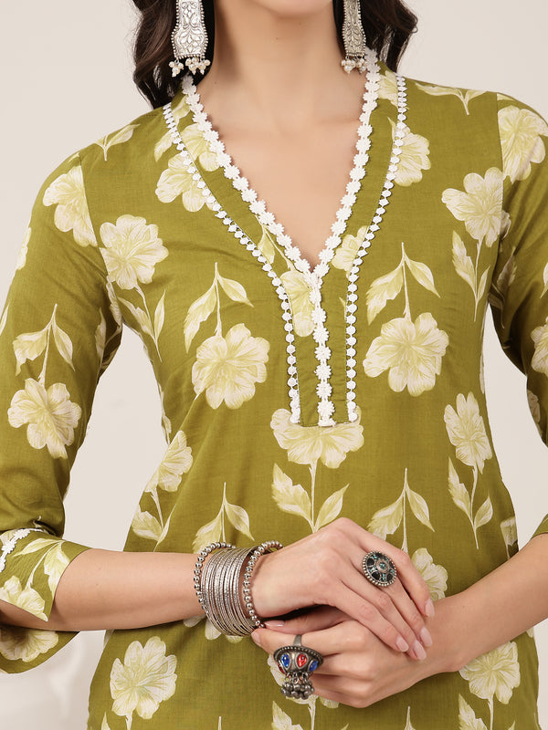 Gulmohar Jaipur Cotton Calf Length Printed 3/4 Sleeves V-Neck Anarkali Kurta Suit Set