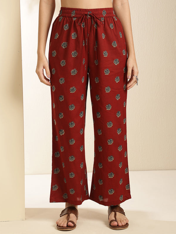 Maroon Pure Cotton Printed 3/4 Sleeves V-Neck Straight Kurta Suit Set