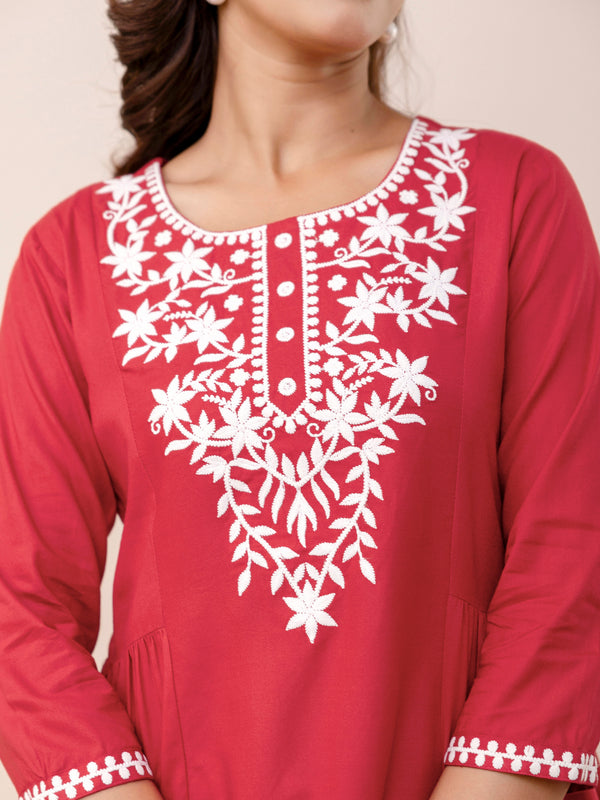 Coral Rayon Hip Length Solid Round Neck Solid Embroidered Straight Top