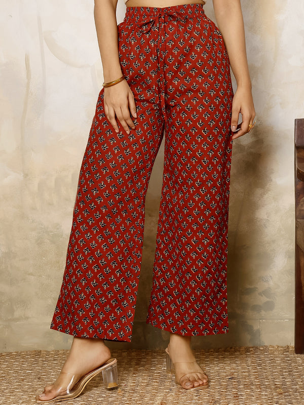 Maroon Cotton Calf Length Printed V-Neck Flared Kurta Suit Set