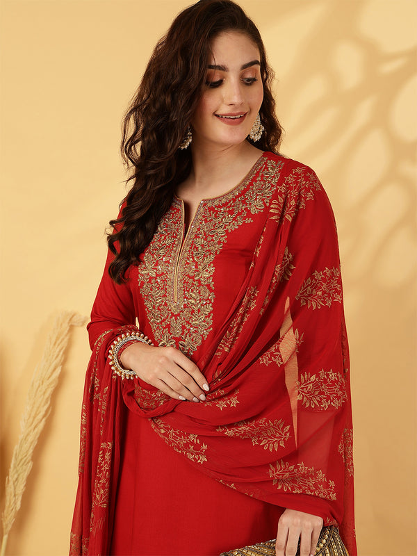 Rayon Calf Length Solid Straight 3/4 Sleeves Round Neck Kurta Bottom Dupatta Set