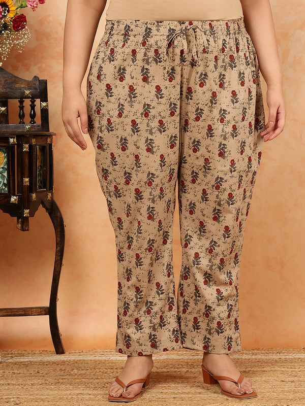 Cotton Calf Length Printed Straight 3/4 Sleeves Round Kurta Suit Set (Plus+)