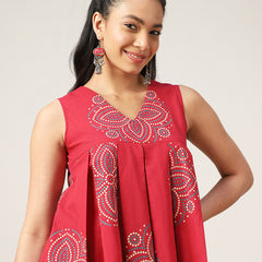 Cotton Hip Length Printed Sleeveless V-Neck Flared Top