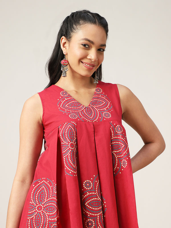 Cotton Hip Length Printed Sleeveless V-Neck Flared Top
