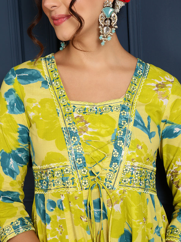 Lime Cotton Ankle Length Printed V-Neck  Anarkali Gown