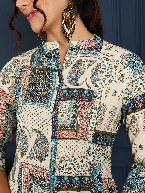 Blue Cotton Flex Calf Length Printed Mandarin Coller A-Line Kurta
