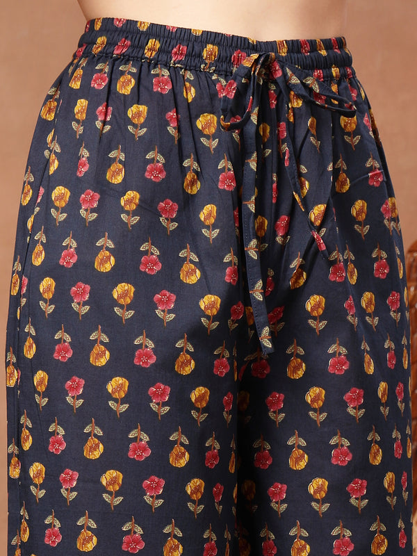 Cotton Calf Length Printed 3/4 Sleeves V-Neck Flared Kurta Suit Set