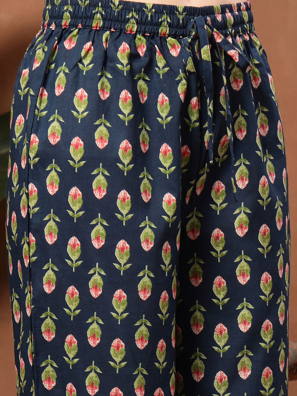 Cotton Calf Length Printed 3/4 Sleeves V-Neck Flared Kurta Suit Set